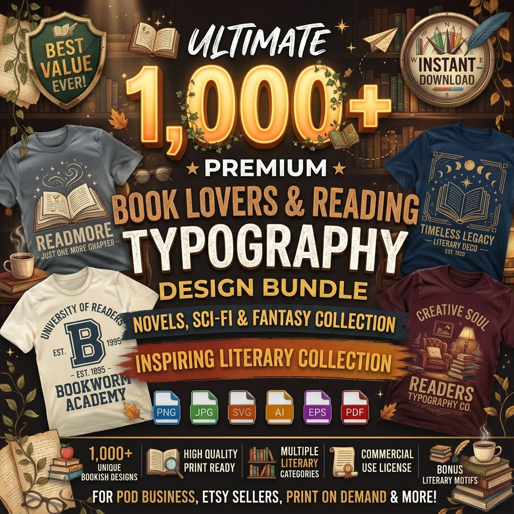Ultimate Book Lover Typography Bundle - 1,000+ Vintage Reading & Bookworm Designs for Print On Demand