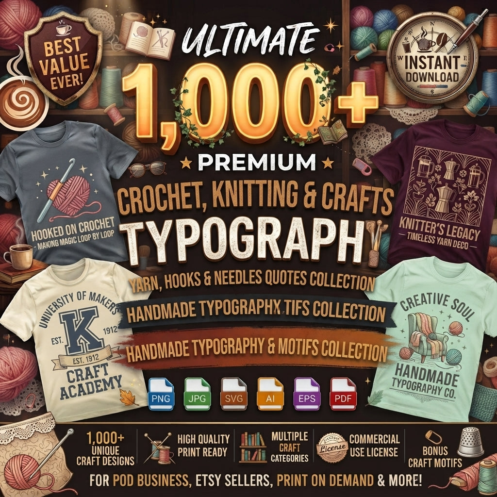 Ultimate Knitting & Crochet Typography Bundle - 1,000+ Handmade & Crafting Designs for Print On Demand