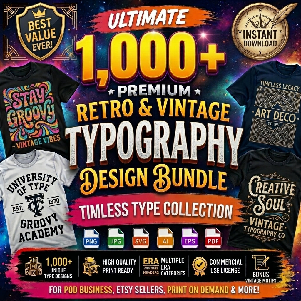Ultimate Retro & Vintage Typography Design Bundle | 1000+ Premium SVG & PNG Files for T-Shirts & Merch